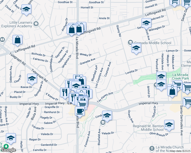 map of restaurants, bars, coffee shops, grocery stores, and more near 12109 Bluefield Avenue in La Mirada