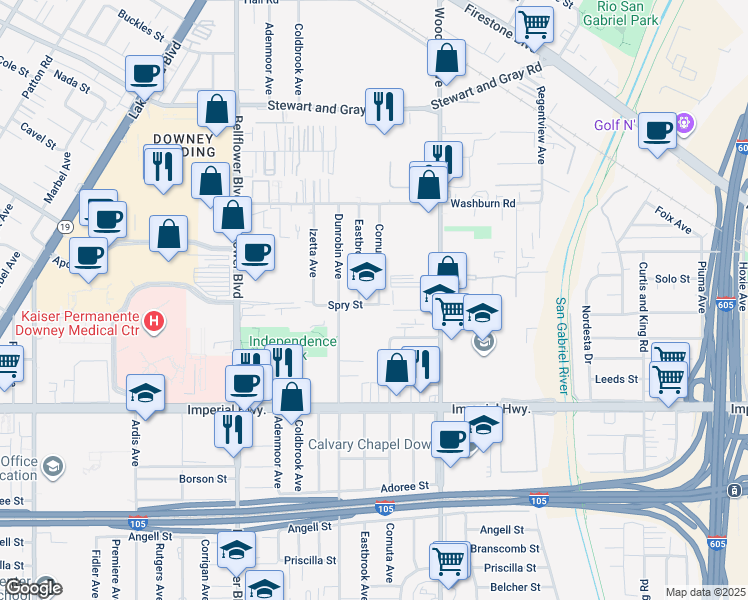 map of restaurants, bars, coffee shops, grocery stores, and more near 12252 Cornuta Avenue in Downey