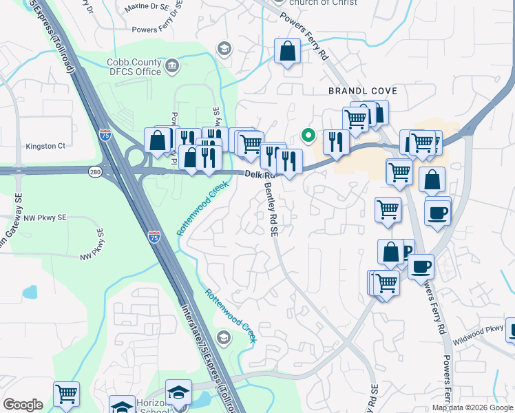 map of restaurants, bars, coffee shops, grocery stores, and more near 2600 Bentley Road Southeast in Marietta