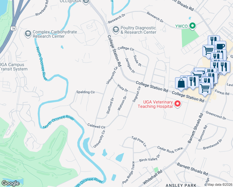 map of restaurants, bars, coffee shops, grocery stores, and more near 115 Stafford Drive in Athens