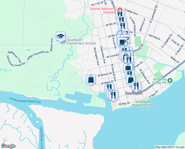 map of restaurants, bars, coffee shops, grocery stores, and more near 608 West Brown Street in Southport