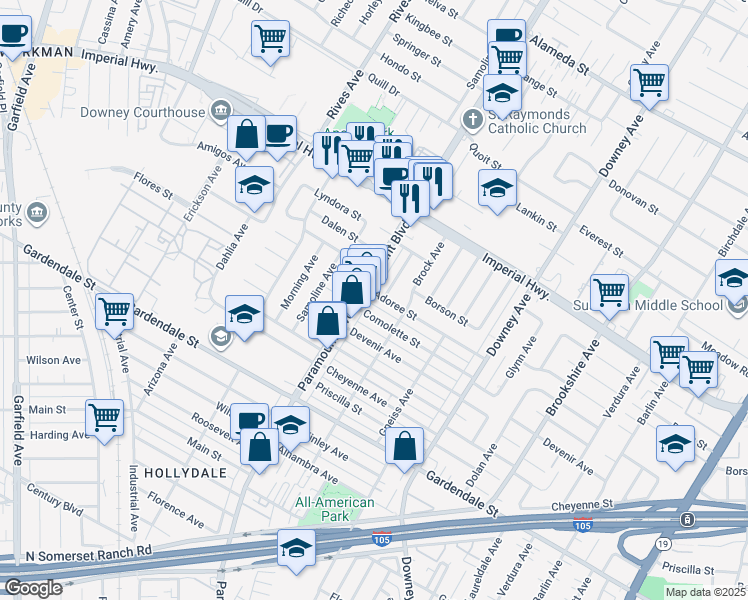 map of restaurants, bars, coffee shops, grocery stores, and more near 8016 Adoree Street in Downey