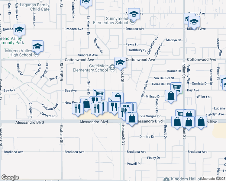 map of restaurants, bars, coffee shops, grocery stores, and more near 23893 Bay Avenue in Moreno Valley