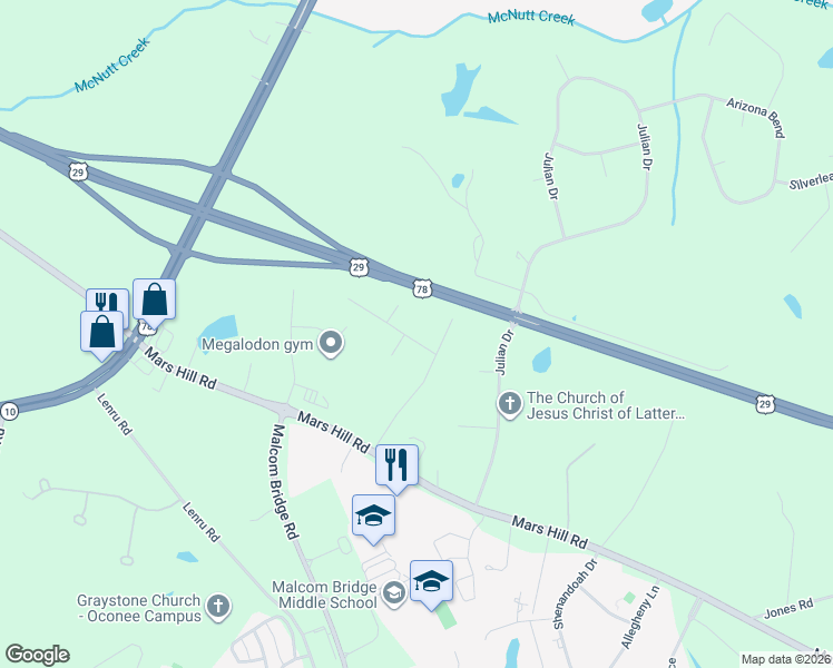 map of restaurants, bars, coffee shops, grocery stores, and more near 1161 Bell Road in Watkinsville