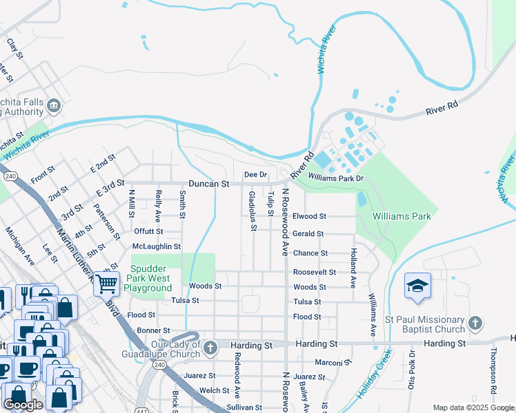 map of restaurants, bars, coffee shops, grocery stores, and more near 1405 Gladiolus Street in Wichita Falls