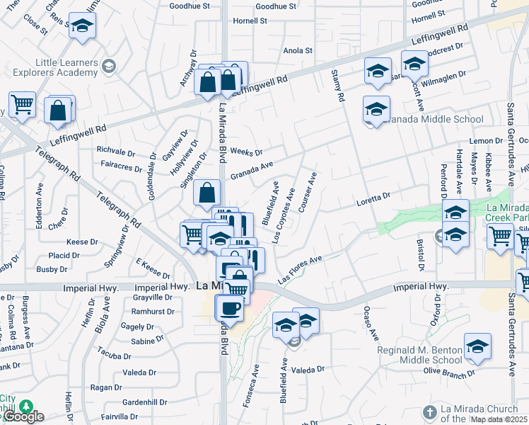 map of restaurants, bars, coffee shops, grocery stores, and more near 12109 Bluefield Avenue in La Mirada