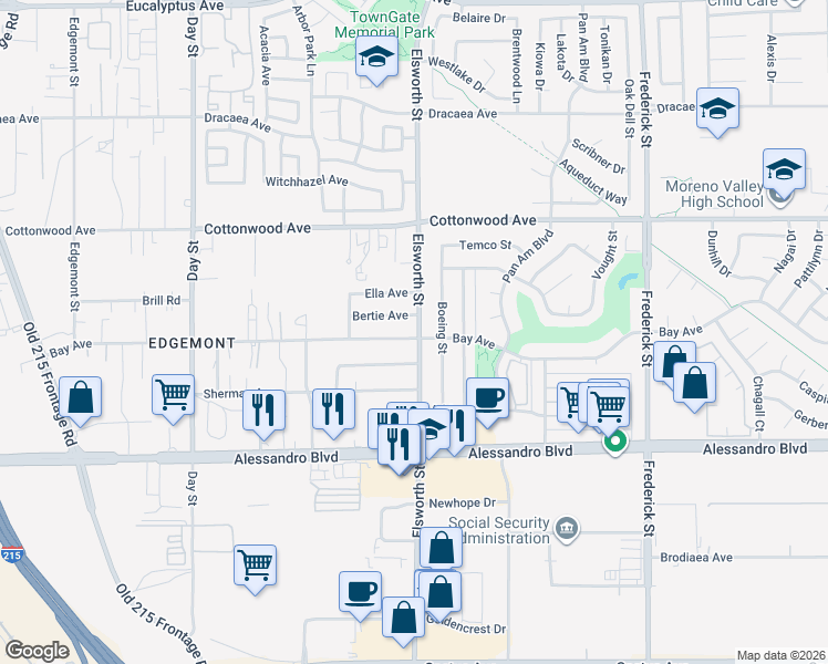 map of restaurants, bars, coffee shops, grocery stores, and more near 13720 Elsworth Street in Moreno Valley