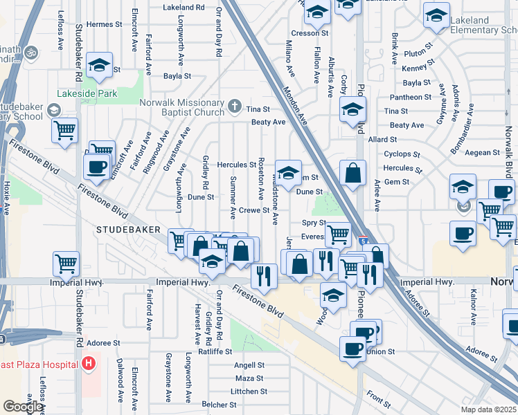 map of restaurants, bars, coffee shops, grocery stores, and more near 12132 Roseton Avenue in Norwalk