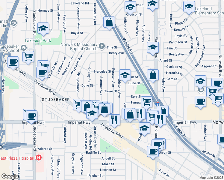 map of restaurants, bars, coffee shops, grocery stores, and more near 12132 Roseton Avenue in Norwalk