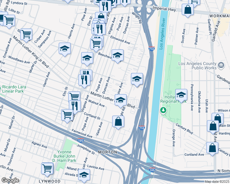 map of restaurants, bars, coffee shops, grocery stores, and more near 11344 Duncan Avenue in Lynwood