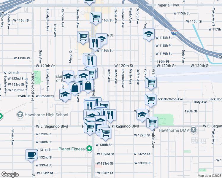 map of restaurants, bars, coffee shops, grocery stores, and more near 12246 Birch Avenue in Hawthorne