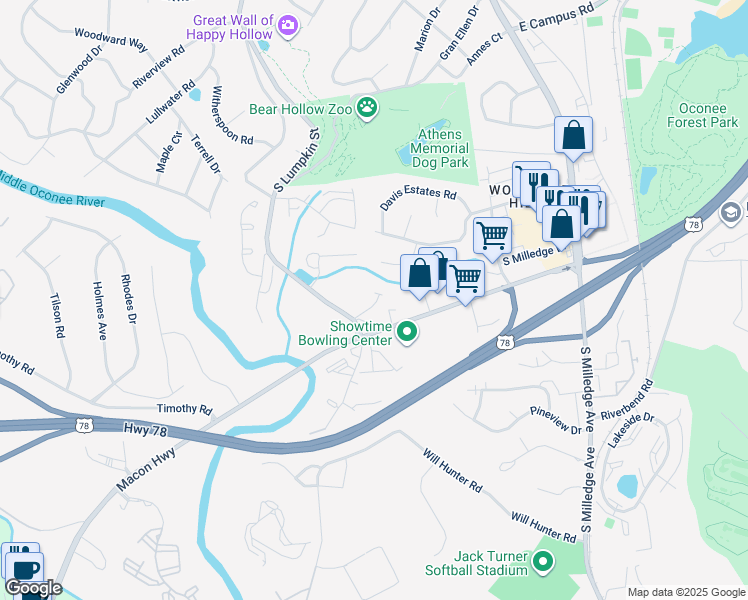 map of restaurants, bars, coffee shops, grocery stores, and more near 540 Macon Highway in Athens