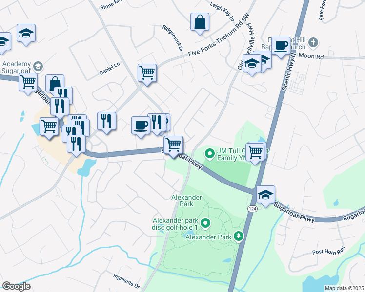 map of restaurants, bars, coffee shops, grocery stores, and more near 3134 Flery Way South West in Lawrenceville