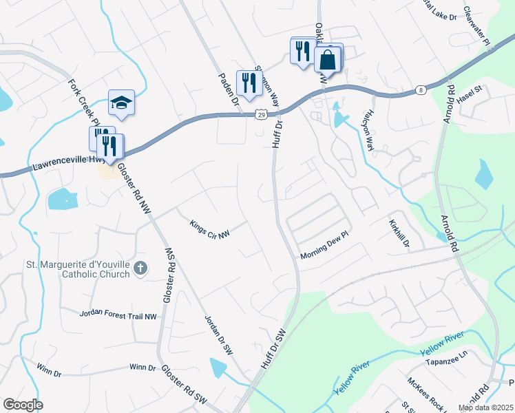 map of restaurants, bars, coffee shops, grocery stores, and more near 2550 Trelipe Drive in Lawrenceville