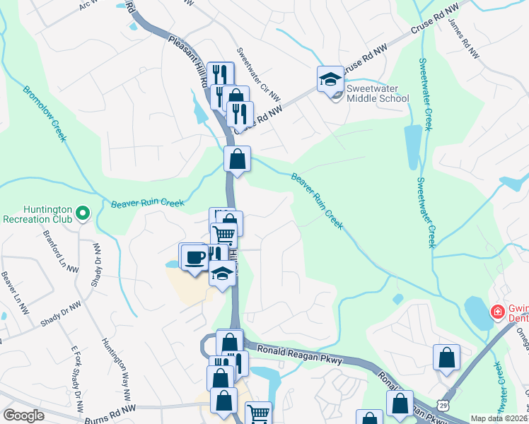 map of restaurants, bars, coffee shops, grocery stores, and more near 3780 Lakeside Walk Drive in Lilburn
