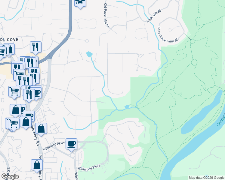 map of restaurants, bars, coffee shops, grocery stores, and more near 1307 Timberland Drive in Marietta