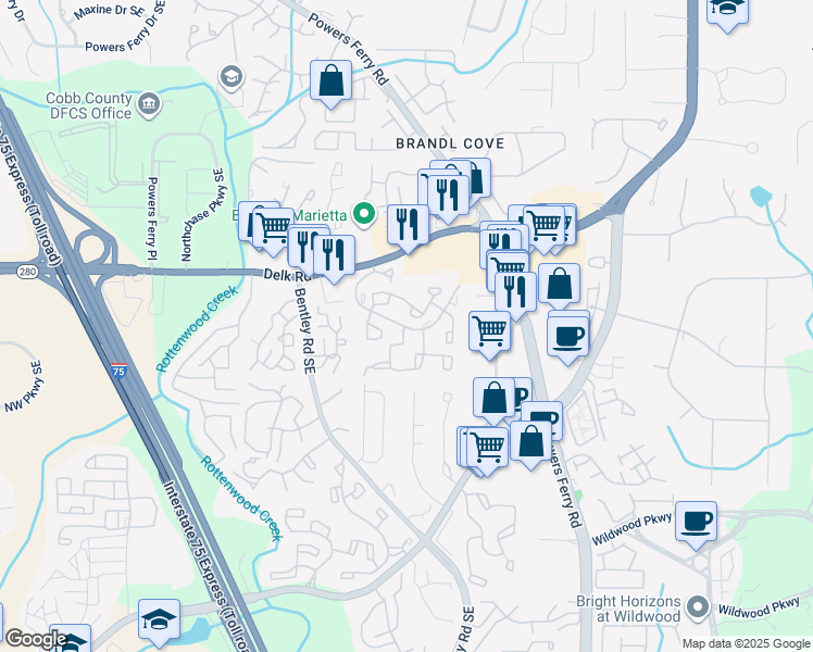 map of restaurants, bars, coffee shops, grocery stores, and more near 2850 Delk Road Southeast in Marietta