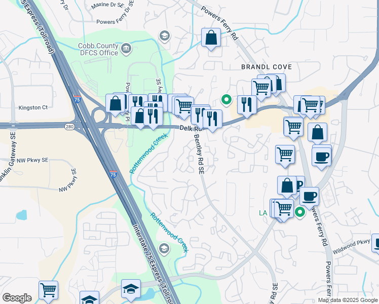 map of restaurants, bars, coffee shops, grocery stores, and more near 2600 Bentley Road Southeast in Marietta