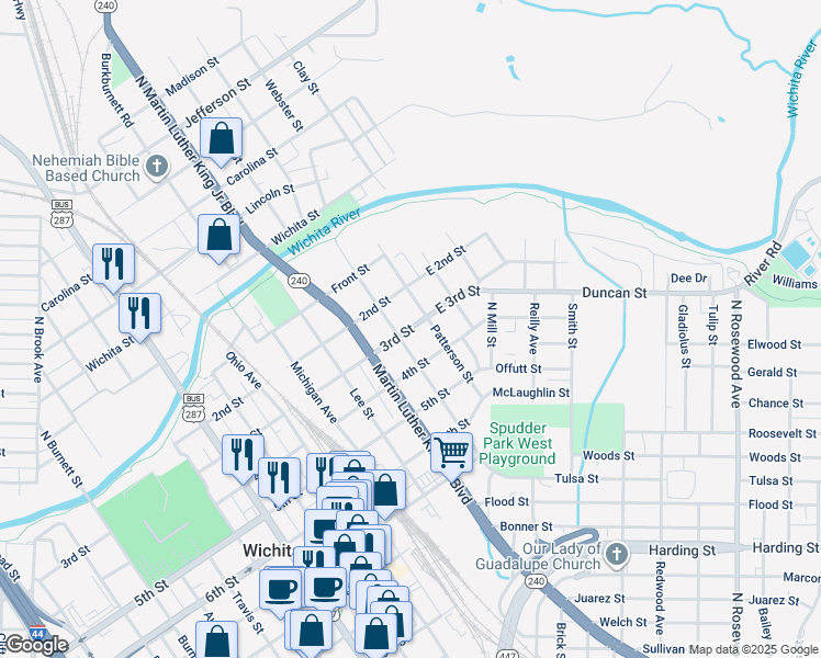map of restaurants, bars, coffee shops, grocery stores, and more near 300 Patterson Street in Wichita Falls