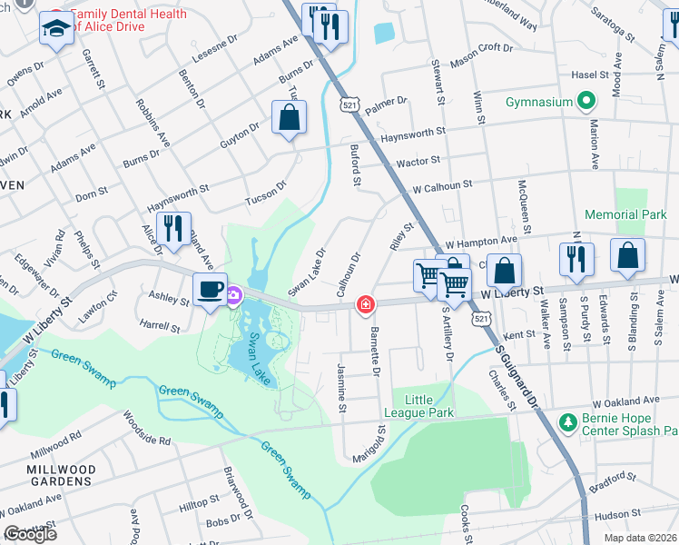 map of restaurants, bars, coffee shops, grocery stores, and more near 16 Calhoun Drive in Sumter