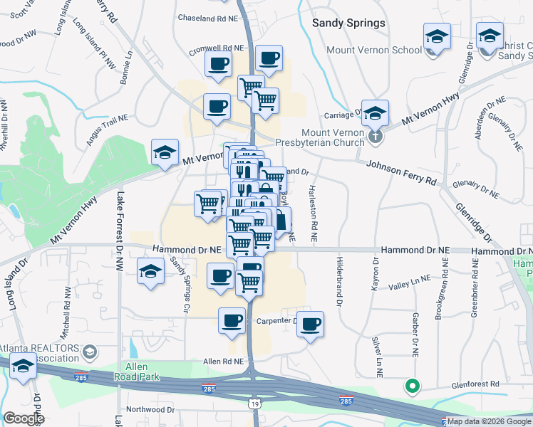 map of restaurants, bars, coffee shops, grocery stores, and more near 6075 Roswell Road in Sandy Springs