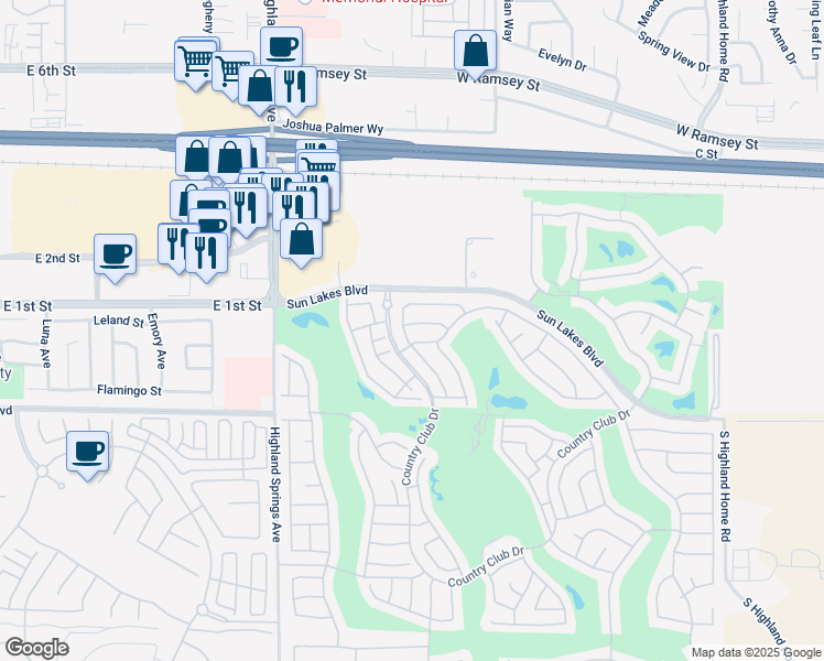 map of restaurants, bars, coffee shops, grocery stores, and more near 5958 Brookside Drive in Banning