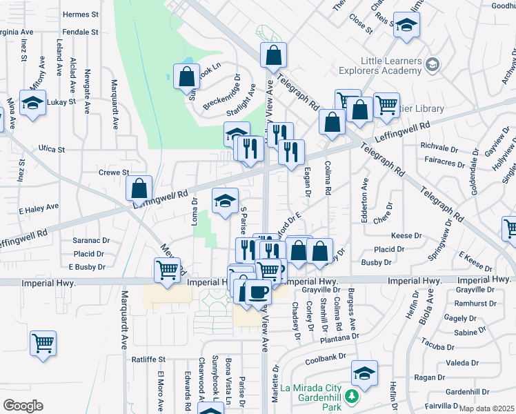 map of restaurants, bars, coffee shops, grocery stores, and more near 14151 Kelford Street in Whittier
