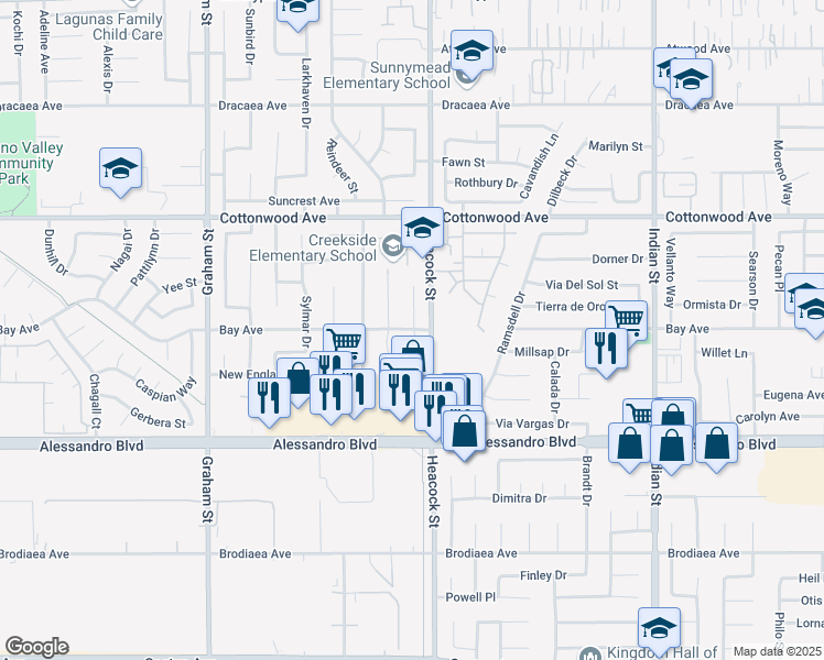 map of restaurants, bars, coffee shops, grocery stores, and more near 23953 Bay Avenue in Moreno Valley