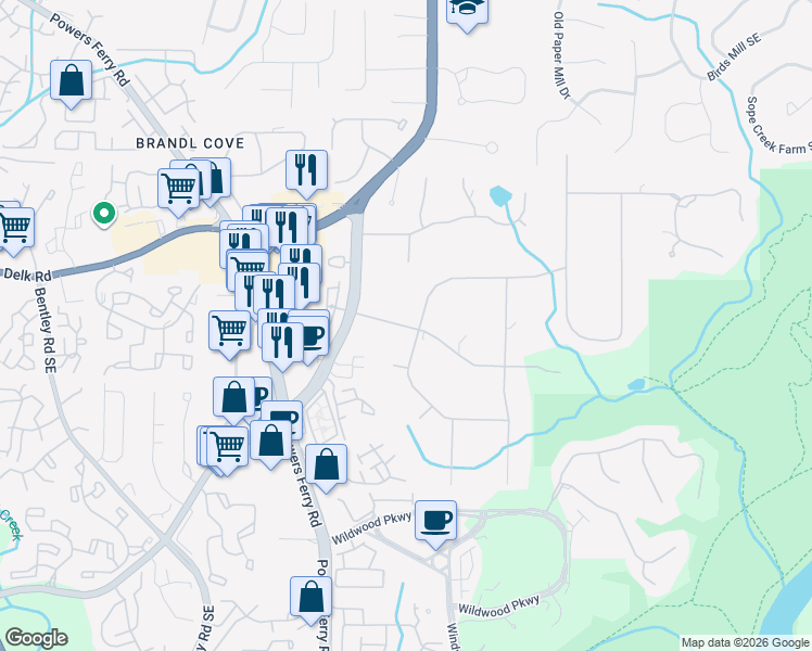 map of restaurants, bars, coffee shops, grocery stores, and more near 3145 Brookview Road in Marietta
