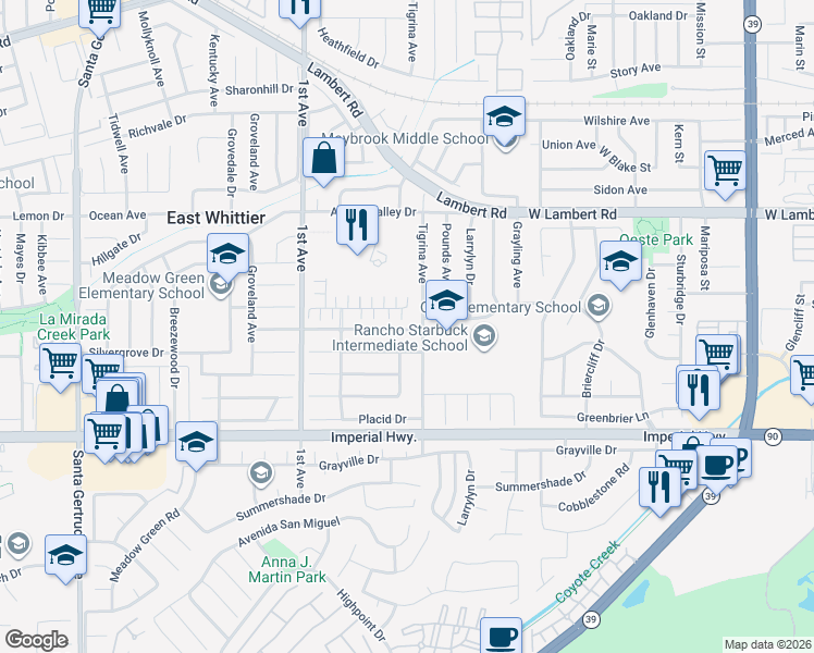 map of restaurants, bars, coffee shops, grocery stores, and more near 16366 Cameo Court in Whittier