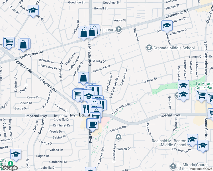 map of restaurants, bars, coffee shops, grocery stores, and more near 12109 Bluefield Avenue in La Mirada