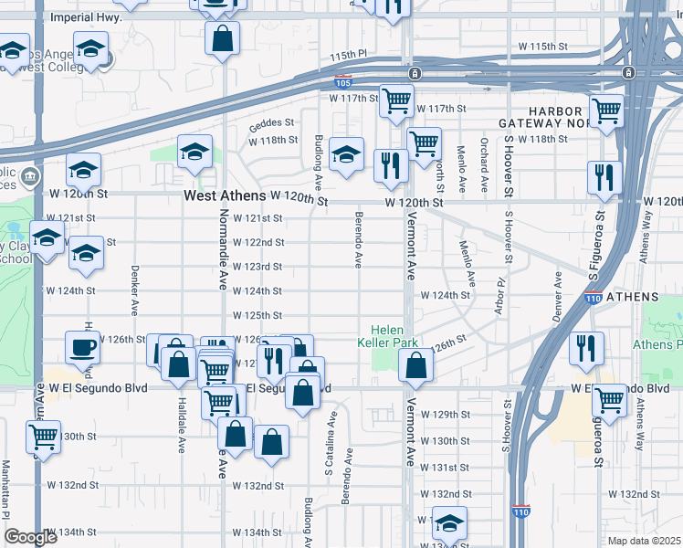 map of restaurants, bars, coffee shops, grocery stores, and more near 1124 West 123rd Street in Los Angeles
