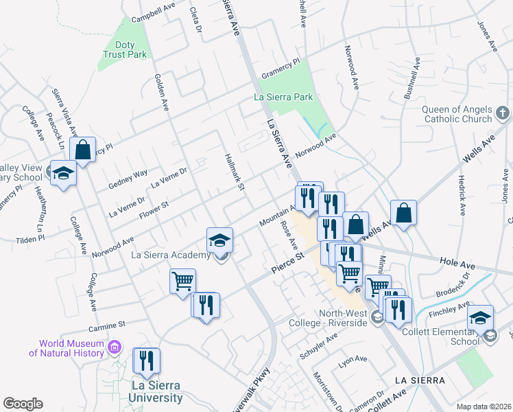 map of restaurants, bars, coffee shops, grocery stores, and more near 5049 Hallmark Street in Riverside