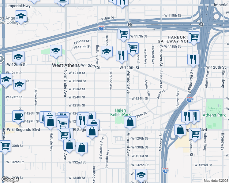 map of restaurants, bars, coffee shops, grocery stores, and more near 1046 West 123rd Street in Los Angeles