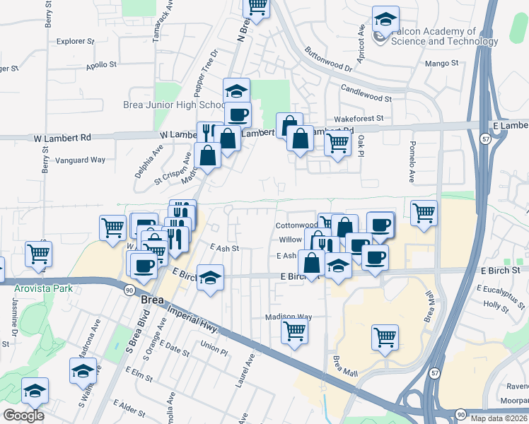 map of restaurants, bars, coffee shops, grocery stores, and more near 54 Paseo De Toner in Brea