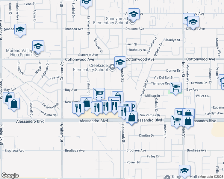 map of restaurants, bars, coffee shops, grocery stores, and more near 23881 Bay Avenue in Moreno Valley