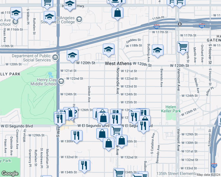 map of restaurants, bars, coffee shops, grocery stores, and more near 1430 West 123rd Street in Los Angeles