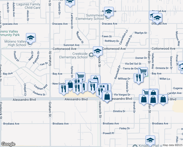 map of restaurants, bars, coffee shops, grocery stores, and more near 23889 Bay Avenue in Moreno Valley