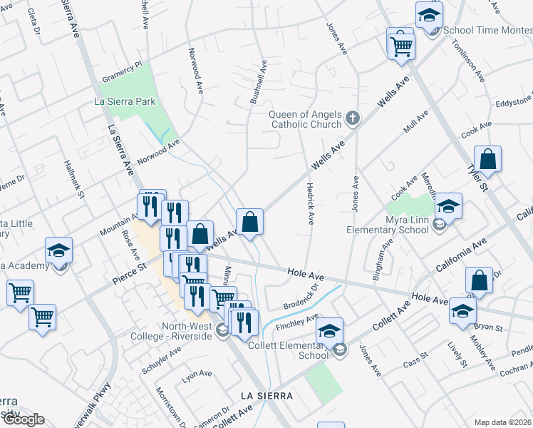 map of restaurants, bars, coffee shops, grocery stores, and more near 10762 Wells Avenue in Riverside