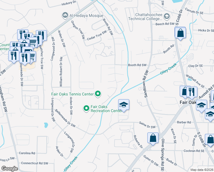 map of restaurants, bars, coffee shops, grocery stores, and more near 358 Pin Oak Court Southwest in Marietta
