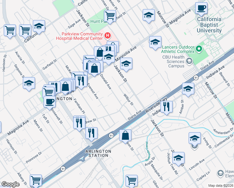 map of restaurants, bars, coffee shops, grocery stores, and more near 3659 Donald Avenue in Riverside