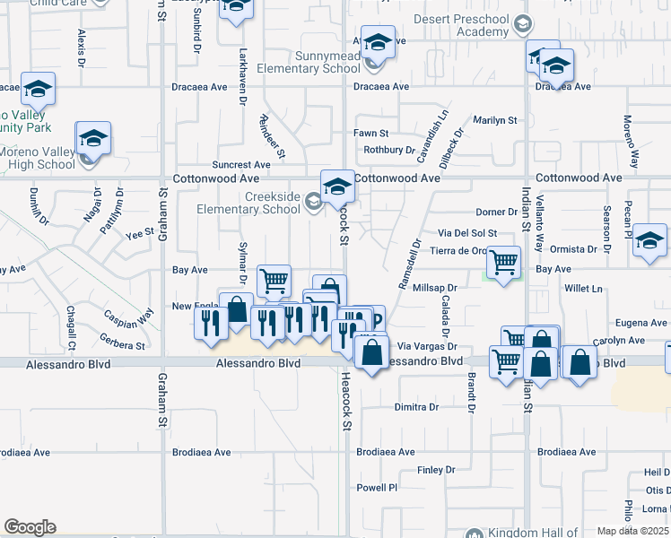 map of restaurants, bars, coffee shops, grocery stores, and more near 23975 Bay Avenue in Moreno Valley