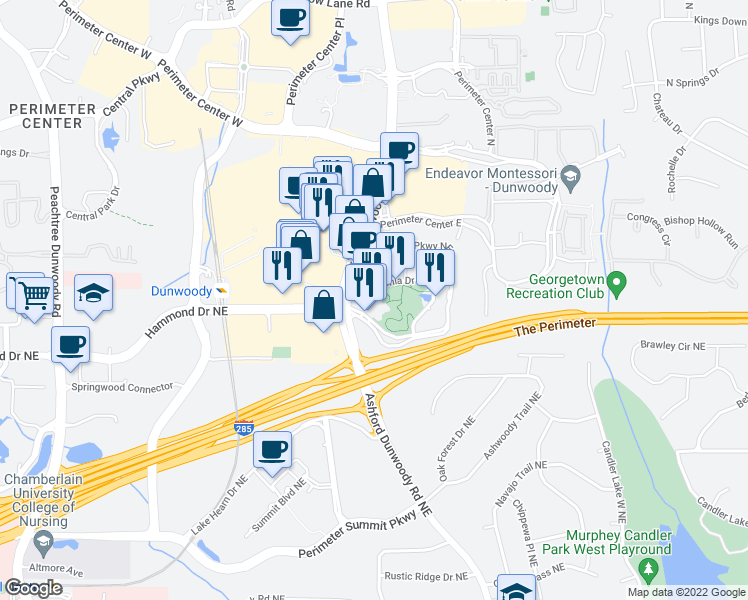 map of restaurants, bars, coffee shops, grocery stores, and more near 4355 Ashford Dunwoody Road Northeast in Atlanta