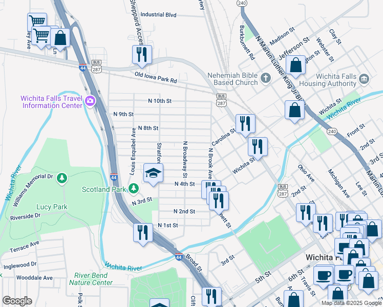 map of restaurants, bars, coffee shops, grocery stores, and more near 1218 North 6th Street in Wichita Falls