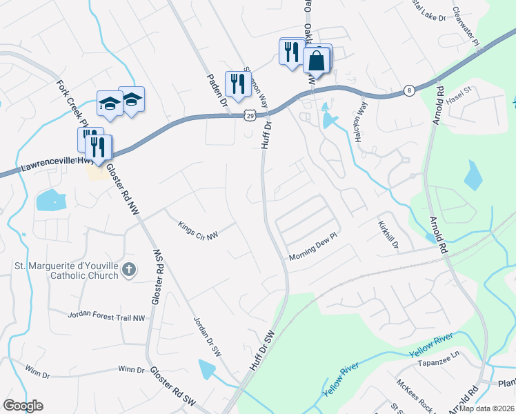 map of restaurants, bars, coffee shops, grocery stores, and more near 2510 Trelipe Drive in Lawrenceville