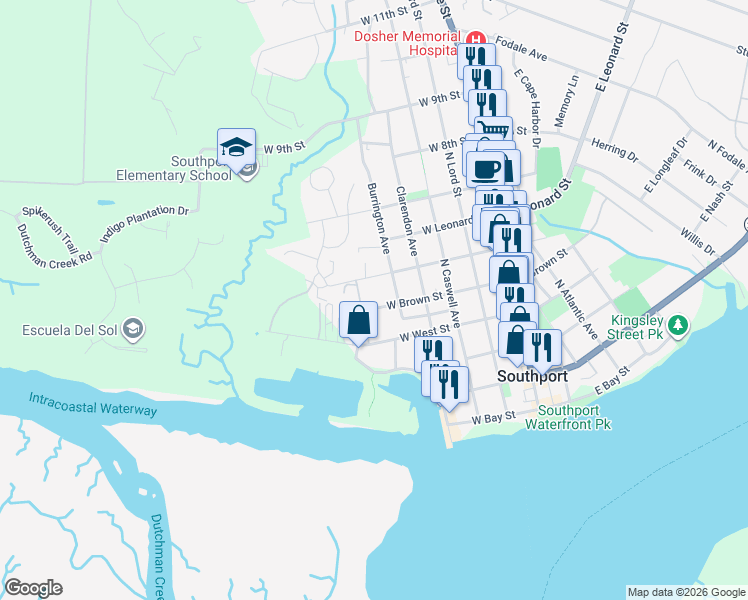 map of restaurants, bars, coffee shops, grocery stores, and more near 606 West Brown Street in Southport
