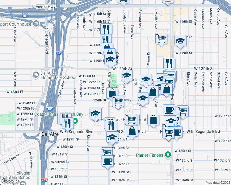 map of restaurants, bars, coffee shops, grocery stores, and more near 12323 Gale Avenue in Hawthorne