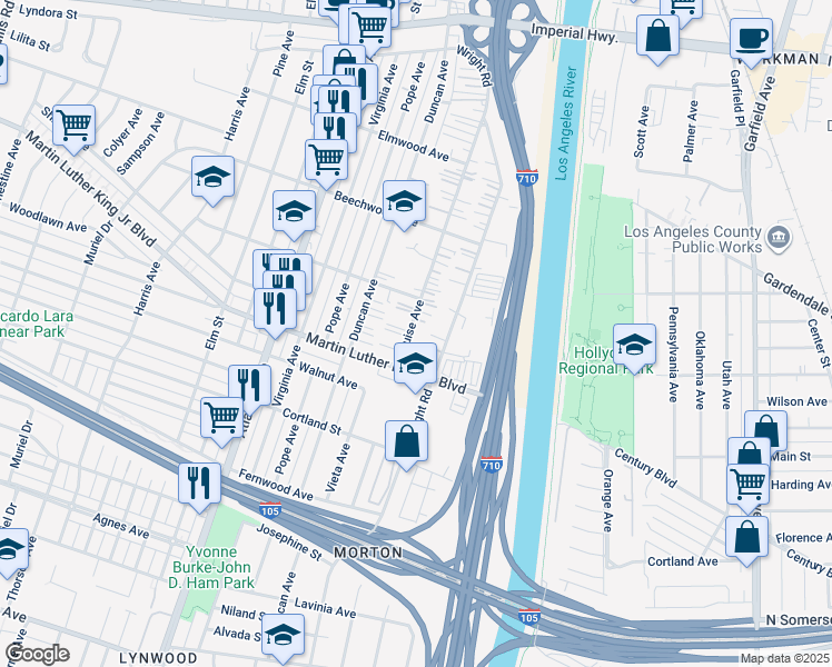map of restaurants, bars, coffee shops, grocery stores, and more near 11336 Louise Avenue in Lynwood