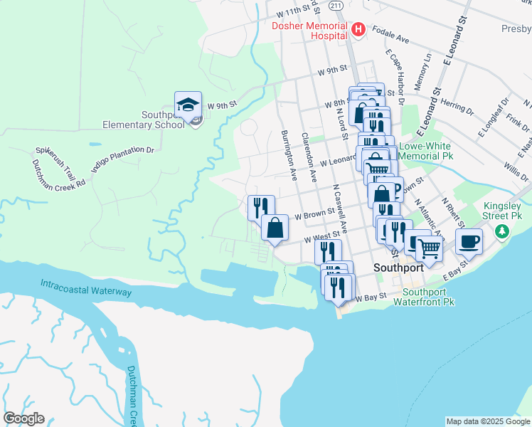 map of restaurants, bars, coffee shops, grocery stores, and more near 612 West Brown Street in Southport