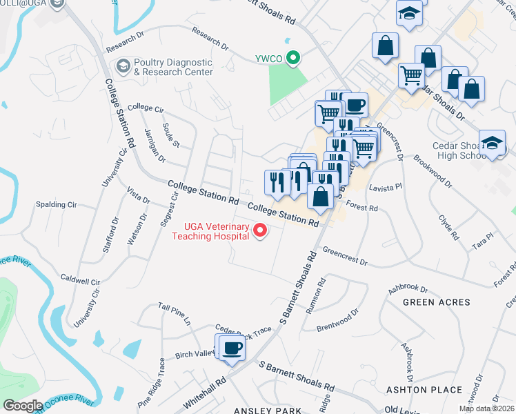 map of restaurants, bars, coffee shops, grocery stores, and more near 1425 College Station Rd in Athens